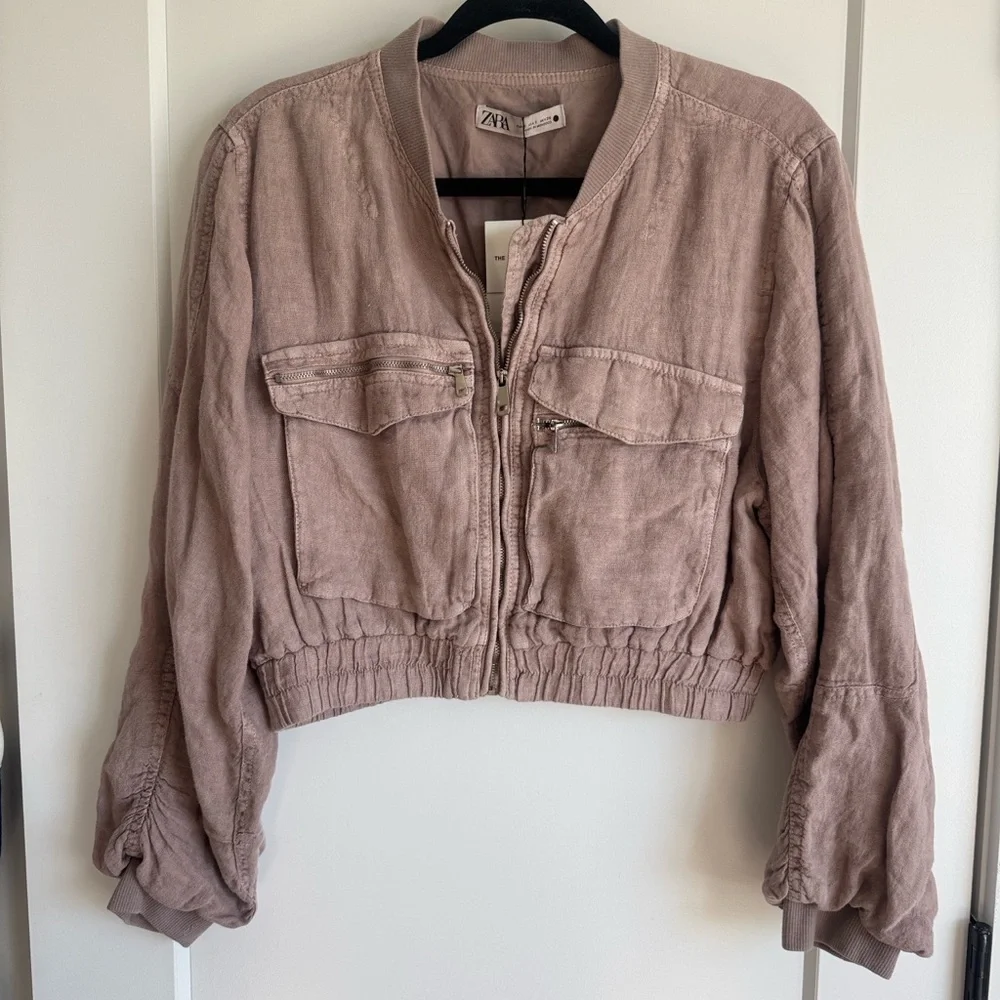 NWT Zara Greta Linen Bomber Jacket - size small - mauve/light pink - Picture 9 of 14